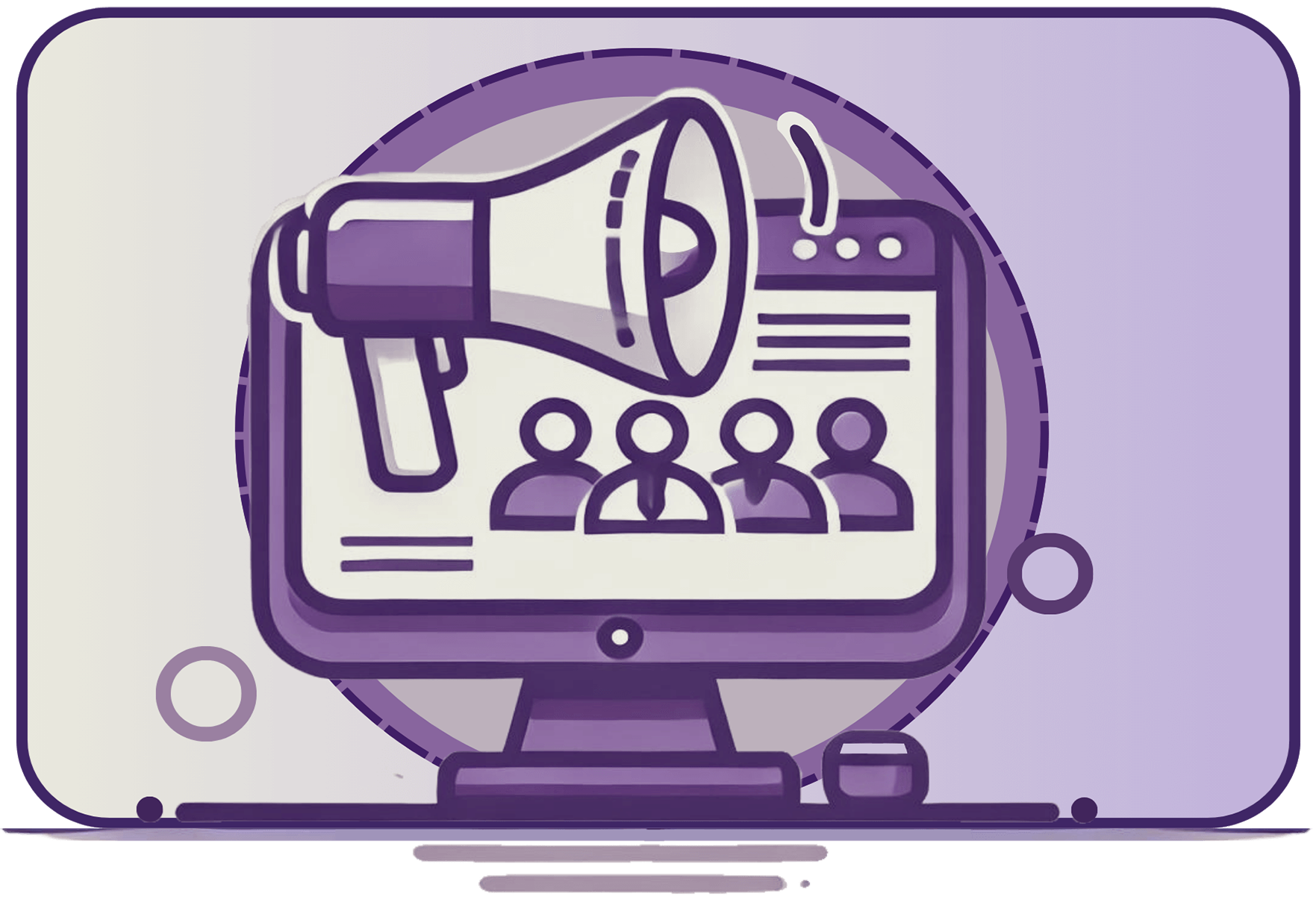 Branded illustration of a computer screen with a megaphone emerging from it, symbolising communicating to a large group of people.
